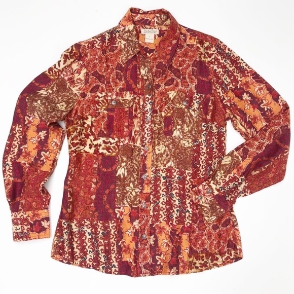 Lucky Brand 100% Silk Patchwork Paisley Button Down Shirt Red XS - Picture 2 of 8